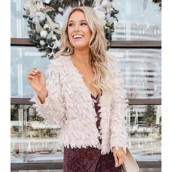 ASTR Darby Sweater Shaggy Loop Fringe Chunky Wool Blend Cardigan, Cream - Picture 1 of 15